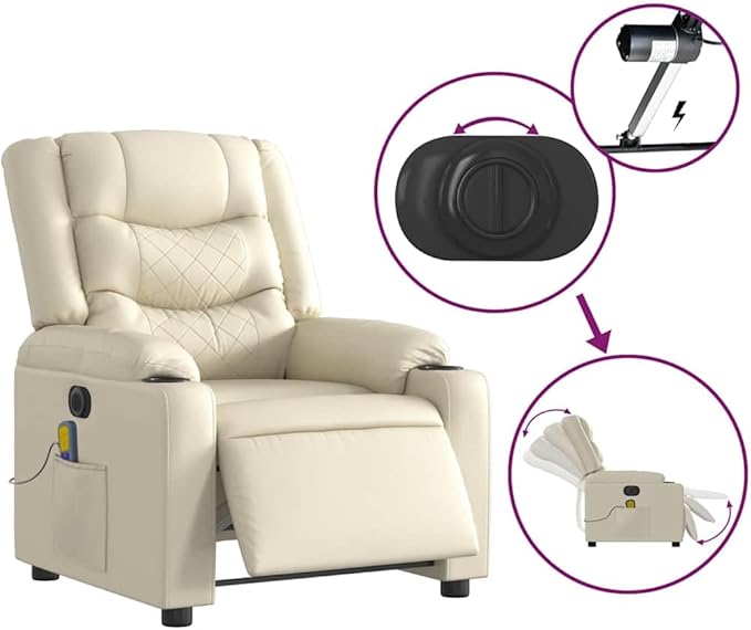 vidaXL Electric Massage Recliner Chair - Cream Wingback Armchair Faux Leather with Recline &amp Vibration Features for Living Room