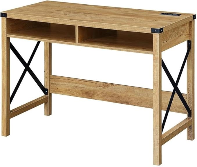 Pemberly Row 42-Inch Home Office Desk with Charging Station Light English Oak Wood Finish Black Metal Frame Built-in USB Ports and Outlets Durable Particleboard Construction Industrial Style