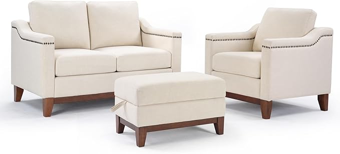 Modern 3 Piece Sofa Set with Rivets Included Chenille Accent Chair Upholstered Loveseat 2-Seater Couches with Solid Wood Legs and Storage Ottoman Living Room Furniture SetBeige