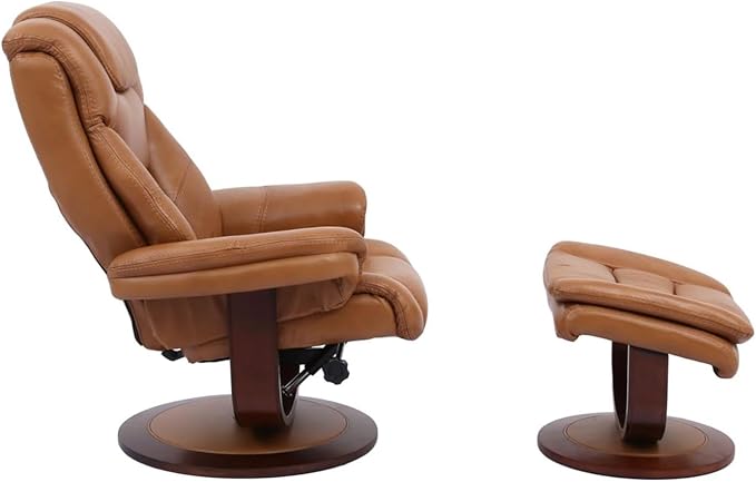 Pemberly Row Stressless Recliner with Ottoman in Brown Leather Manual Swivel Recliner Chair for Living Room Comfort