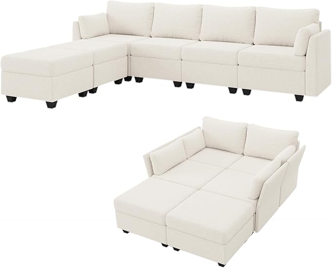114.17 Modular Sectional Sofa 6 Seat Modular Couch with Storage Memory Foam Convertible Sectional Couches for Living Room U Shaped Comfy Modular Sofa with Chaise Beige