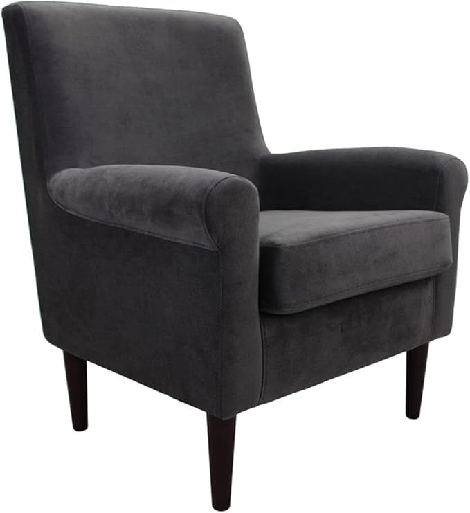 Pemberly Row Rolled Arm Fabric Lounge Chair Dark Gray Upholstery 35 H x 28 W x 30 D Comfortable Accent Chair for Living Room Bedroom or Office Use