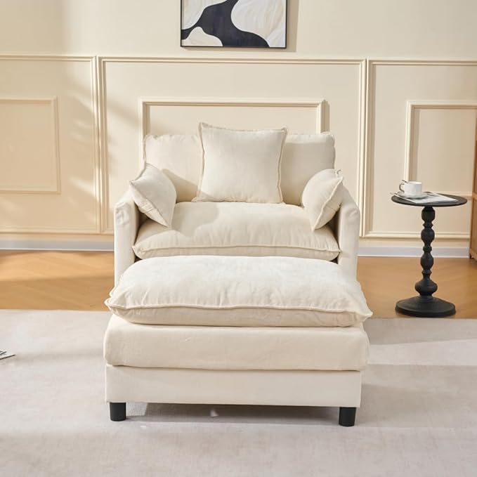 39.4 Modern Accent Chair with Ottoman Living Room Club Chair Chenille Upholstered Armchair Reading Chair for Bedroom (Beige + Fabric + Plastic + Steel + Wood + Foam + 1 Seat)