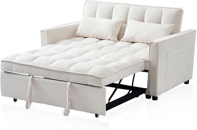 Futon Sofa BedModern 3 in 1 Convertible Sleeper Sofa Pull Out Couch Bed with Adjustable Backrest Storage Pockets and Toss Pillows for Living Room Bedroom (Beige)