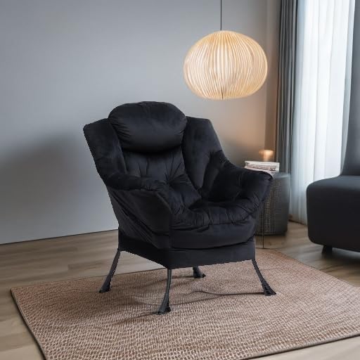 HollyHOME Lazy Chair with Armrest and Side Pocket Comfy Accent Lounge ChairLeisure Sofa Armchair for Living Room Bedroom Dorm or Small Spaces Oversized Reading Sofa ChairVelvet Black