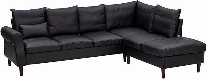 Panana 6 Seats Sectional Sofa Right Corner L Shaped Couch With USB Charging Port Chaise (Black Leathaire 6 Seater Right Corner With Chaise)
