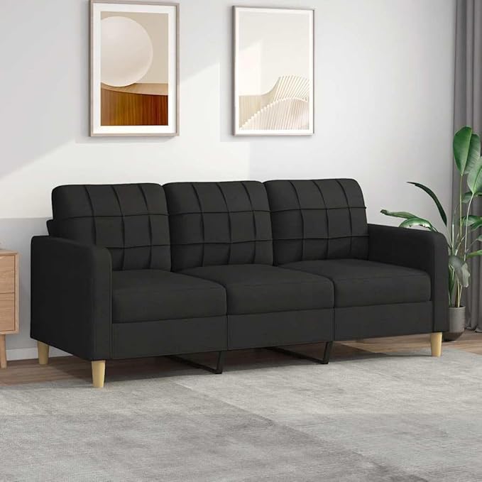 vidaXL Modern 3-Seater Sofa in Black Fabric 70.9 Wide for Comfortable Seating Ideal for Living Room Lounge or Office Space