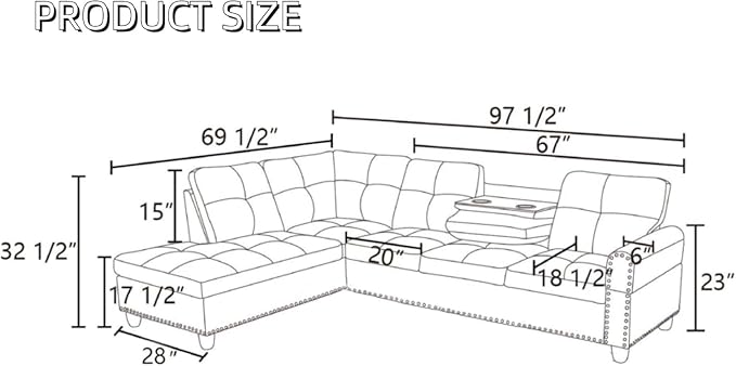 L-Shaped Sectional Sofa with Cup Holder Leather 4-Seat Couch with Chaise Lounge Modern Upholstered Living Room Furniture Black