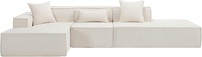 129.5'' Towelling Fabric L-Shaped Modular Sectional Sofa Tofu Block Floor Sofa with 3 Pillows for Living Room (Beige Left-Hand Facing)