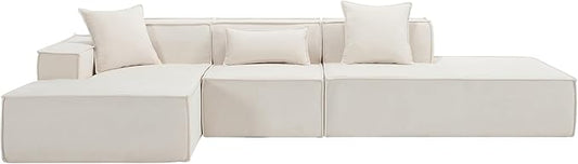 129.5'' Towelling Fabric L-Shaped Modular Sectional Sofa Tofu Block Floor Sofa with 3 Pillows for Living Room (Beige Left-Hand Facing)