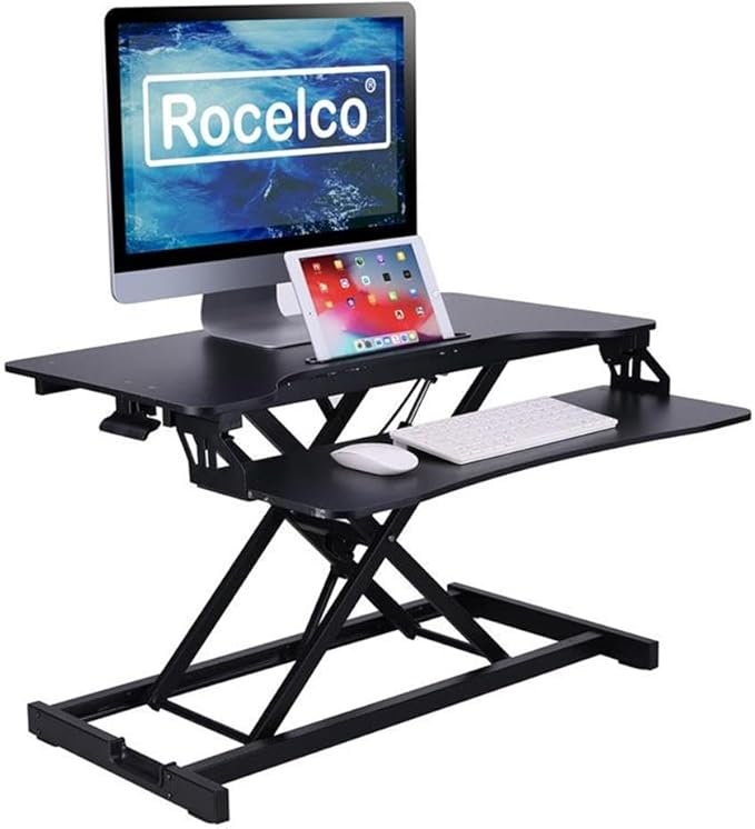 Pemberly Row Standing Desk Converter Adjustable Height Riser Black MDF Surface 31.5 x 16.4 Desktop Includes Dual Monitor Arm &amp Tablet Holder Ergonomic Keyboard Tray Home Office Use