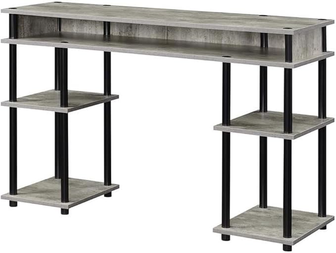 Pemberly Row No-Tools Student Desk 47.25 in x 15.75 in x 30 in Light Gray Wood Finish Particle Board and Stainless Steel Multiple Shelves Easy Assembly Modern Home Office or Dorm Workspace Desk