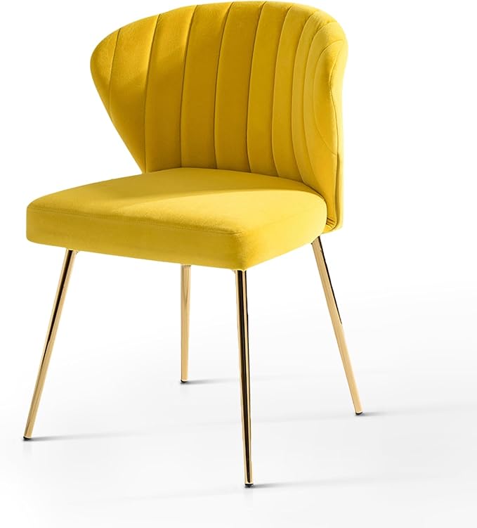HULALA HOME Velvet Dining Chairs Modern Small Armless Accent Chair with Gold Metal Legs Living Room Upholstered Cute Side Chair Elegant Tufted Back Vanity Chair-Yellow