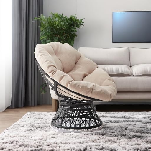 Bme 40 Ergonomic Wicker Papasan Chair with Soft Thick Density Fabric Cushion High Capacity Steel Frame 360 Degree Swivel for Living Bedroom Reading Room Lounge Sepia Sand - Black Base