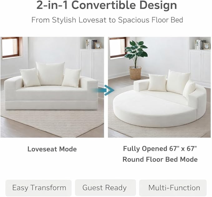 Convertible Round Sofa Bed 67 Corduroy Upholstered Loveseat Sleeper Couch Pull-Out Floor Bed with 3 Pillows No Assembly 550 lbs Weight Capacity (Beige)