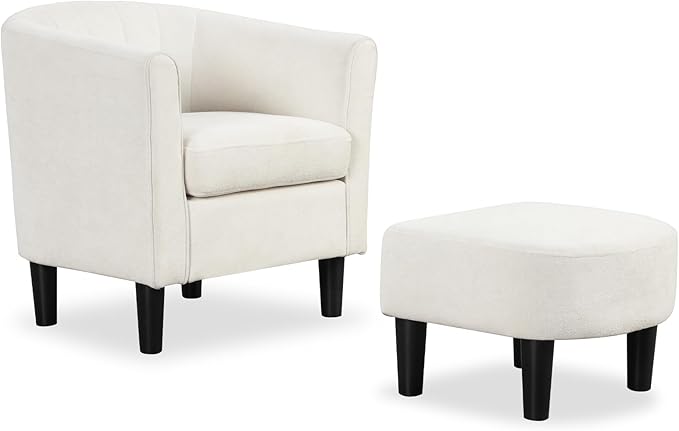 KOMFOTT Accent Chair with Ottoman Upholstered Teddy Velvet Barrel Chair with Footrest Comfy Club Sofa with Curved Backrest Thick Seat Cushion Modern Arm Chair for Living Room Bedroom Beige