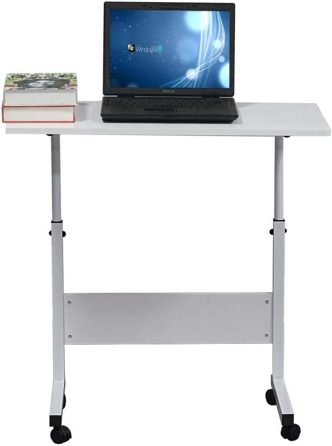 Wooden Adjustable Height Portable Laptop DeskMobile Rolling Computer DeskSofa Bedside Laptop TableHome Office Laptop Workstationwith Wheelsfor Small Spaces Bedroom Apartment (White)