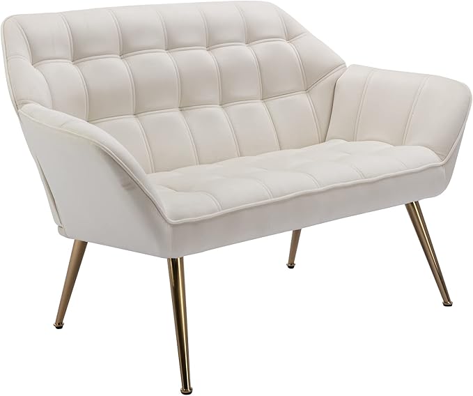 48 Small Loveseat for Small Spaces Upholstered Velvet Loveseat Sofa Mid Century Modern 2-Seater Couch with Armrest and Gold Legs for Bedroom Living Room Apartment Cream
