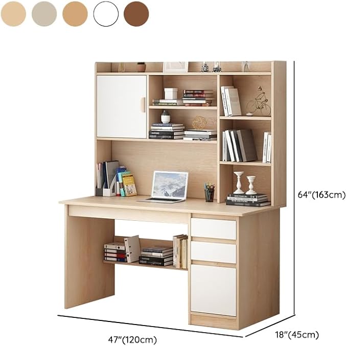LITFAD Modern Computer Desk Work from Home Desk with Hutch Bookcase and Integrated Cable Management Rectangular Wood Office Desk 3 Drawers 47.2 L x 17.7 W x 64.2 H Natural