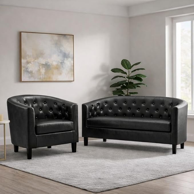 Naomi Home Emma Faux Leather Accent Seating Modern Tufted Design with Wooden Legs Supportive Back for Living Room Bedroom or Office – Black
