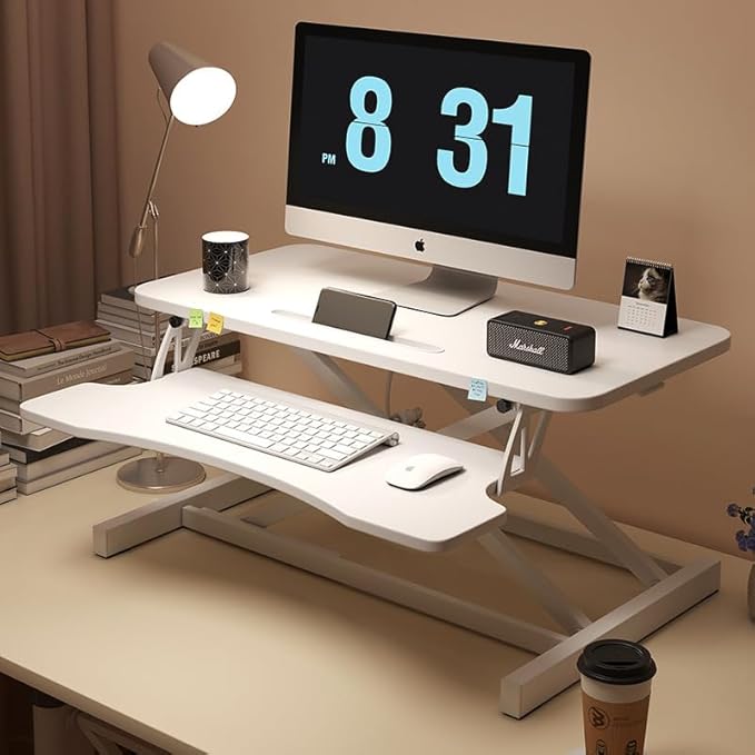 32 Inch Height Adjustable Sit to Stand Desk Converter Riser Workstation with Wide Keyboard Tray Computer Gaming Desks Home Office Corner Desks Bedroom Craft Study TableWhite