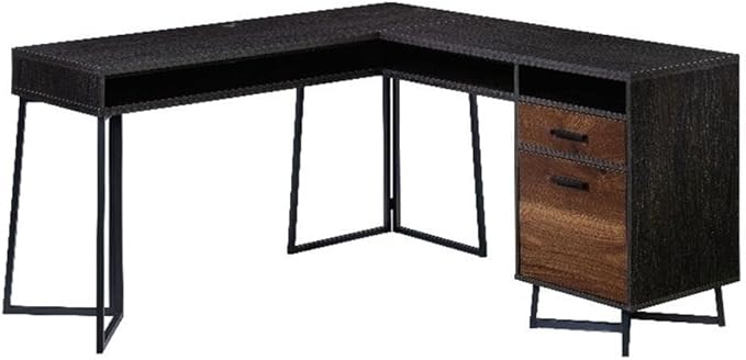 Pemberly Row Contemporary L-Shaped Computer Desk Engineered Wood and Metal Brew Oak Finish 57.48 in W 2 Drawers Cubbyhole Storage Cord Management Home Office Workstation