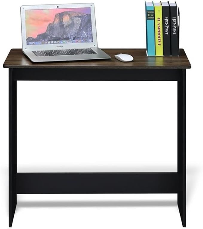 Pemberly Row Simplistic Engineered Wood Study Table 31.5 in Wide Columbia Walnut/Black Finish Compact Design with Rounded Corners Durable Writing Desk for Home Office or Small Spaces