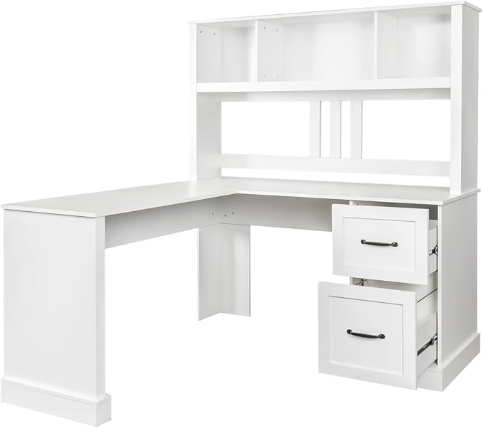 Bellemave L Shaped Computer Desk with Hutch Home Office Desk with Storae Drawers &amp Bookshelf Corner Desk Study Table Writing Desk with Storage Easy to Assemble Antiqued White