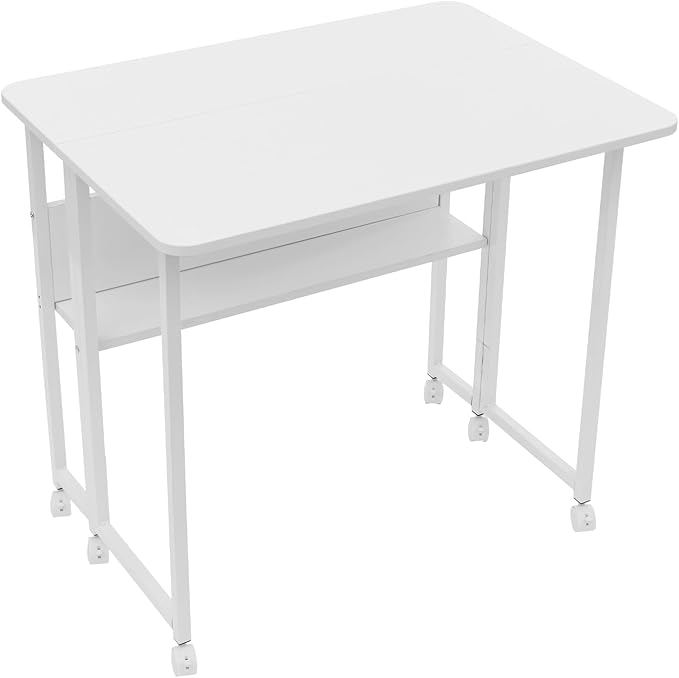 Foldable Computer Desk with 6 Wheels and Storage ShelfMobile Home Office Desk Study Writing DeskRolling Folding Desk Table31.5 x 22.83 Inches (White)
