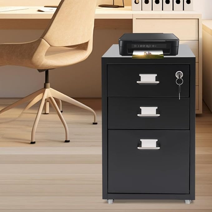Metal Mobile File Cabinet Rolling Steel Vertical File Cabinet Filing Storage Organizer with Lock and Wheel for Home Office Legal/Letter Size 3-Drawer Black