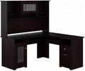 Pemberly Row L Shaped Desk with Hutch Engineered Wood Espresso Oak Finish 60W Computer Desk Storage Cabinet File Drawer Wire Management Fluted Glass Door Home Office Furniture