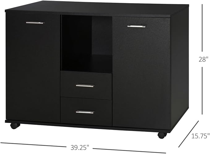Multifunctional Office Filing Cabinet and Mobile Printer Stand with 2 Drawers Adjustable Shelves Lockable Wheels and Spacious Countertop Ideal for Home Office Study Room