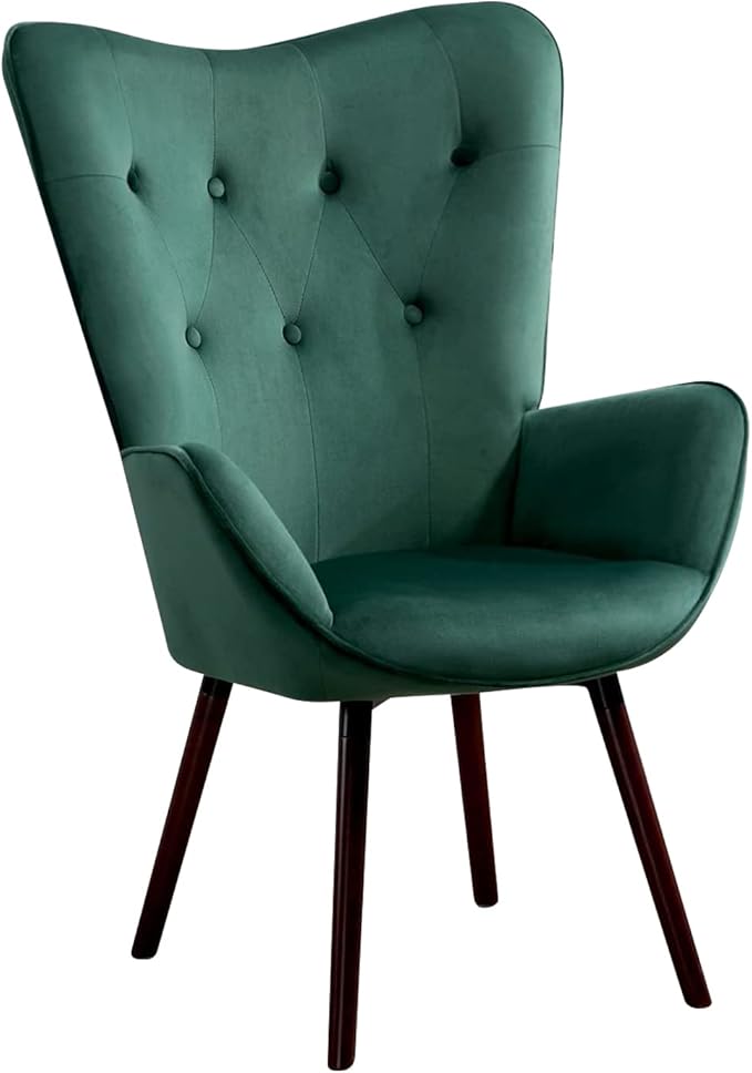 FurnitureR Velvet Accent Chair Modern Wingback Tufted Vanity Armchair Upholstered Tall Back with Arms Solid Wood Legs Lounge Leisure Chair for Living Room Bedroom Waiting Room Dark Green