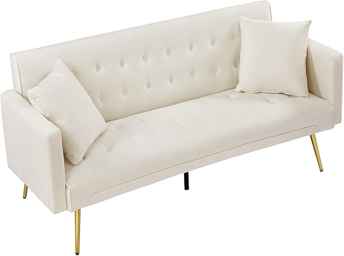 Anwick Modern Velvet Futon Sofa Bed: 72 Satin Convertible 2 Pillows Tufted Back Golden Metal Legs Folding Sleeper Loveseat for Small Space Home Office Living Room (Beige)