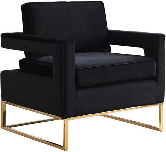 Pemberly Row Modern Accent Chair 33.5 W x 29.5 D x 35.5 H Black Velvet Upholstery Gold Stainless Steel Base High-Density Foam Cushion Solid Wood Frame Contemporary Living Room Seating