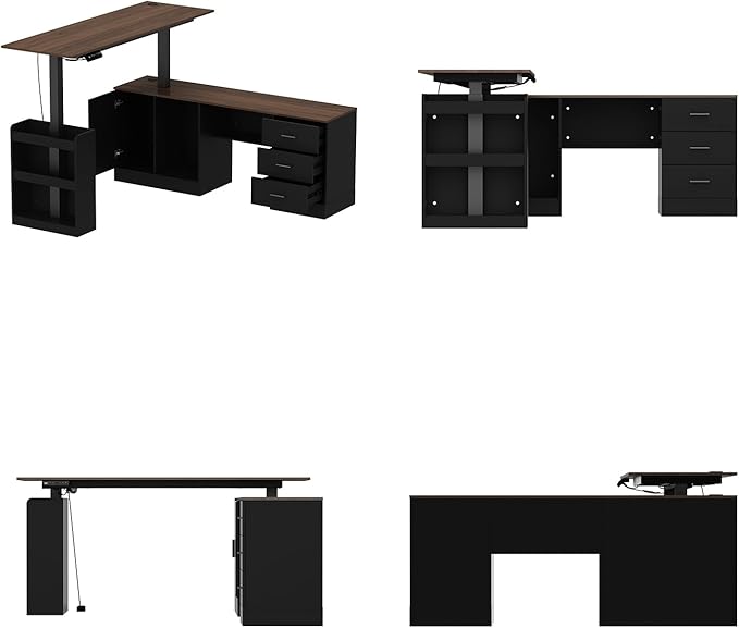 63 Large Electric Standing Office Desk with Drawers Modern Executive Deep L Shaped Computer Raising Stand up Desk with Shelves Storage for Home Office Adjustable Height Black &amp Brown
