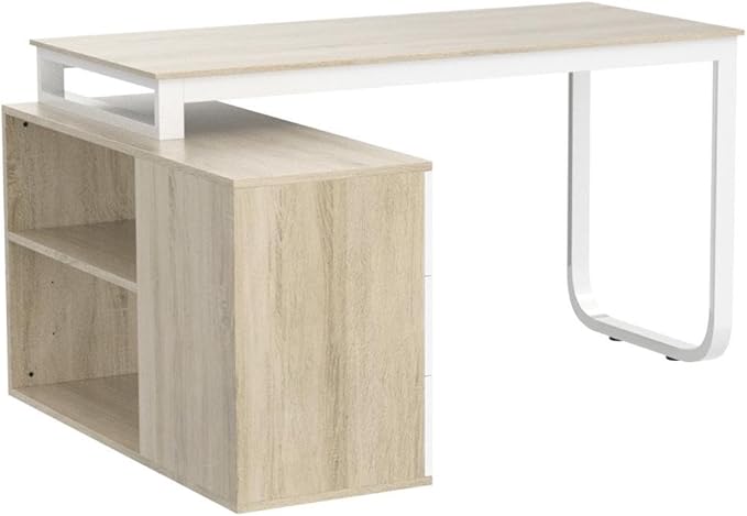 Homsee Home Office Computer Desk Corner Desk with 3 Drawers and 2 Shelves 55 Inch Large L-Shaped Study Writing Table with Storage Cabinet - Walnut and White