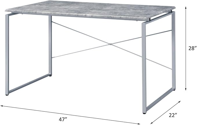 Faux Concrete &amp Silver Finish Industrial Style Writing Desk Open Back Design Durable Composite Wood and Steel Construction Compact Home Office Desk for Bedroom or Study