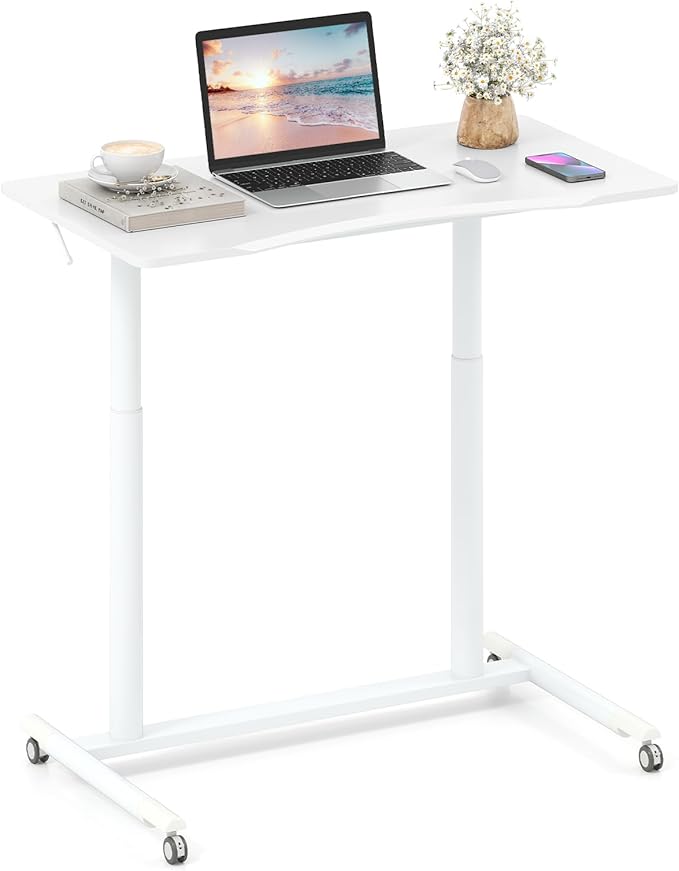 Tangkula Mobile Standing Desk C-Shaped Sit Stand Desk with Adjustable Height Lockable Wheels &amp Metal Frame Rolling Laptop Desk Portable Computer Workstation for Small Space
