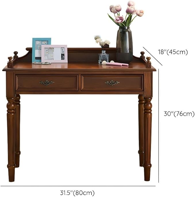 RUNNUP Mid-Century Desk with 2 Drawers 31.5 Wide Home Office Desk Workstation Solid Wood Computer Writing Study Desk for Small Space Bedroom Living Room Makeup Vanity Console Table