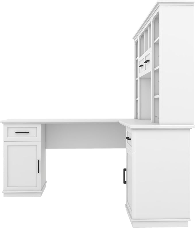 L-Shaped Executive Desk Writing Desk Office Study Workstation with Storage Cabinets and Bookcases Wood Home Office Computer Desk for Living Room Study Room (White-11.8)