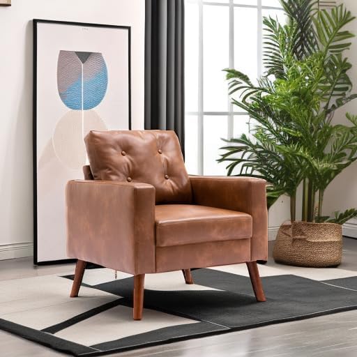 Wahson Office Chairs PU Accent Arm Chair with Tufted Back Faux Leather Comfy Upholstered Single Sofa Mid Century Modern Side Club Chair with Wood Legs for Reading/Living Room/Bedroom Caramel