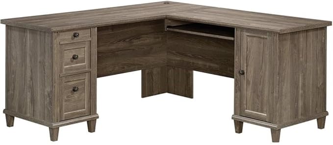 Pemberly Row L-Shaped Engineered Wood Computer Desk Emery Oak Finish 65 in x 65 in x 30 in Durable 1 in Thick Top Slide-Out Keyboard Shelf 3 Drawers Adjustable Shelf Home Office Desk