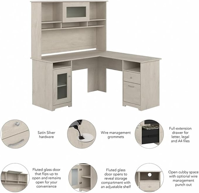 Pemberly Row 60W L Shaped Computer Desk with Hutch White Oak Engineered Wood Fluted Glass Door Built-in Wire Management Adjustable Storage Shelves Home Office Workstation