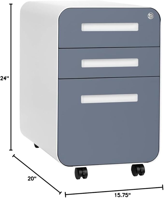 Laura Davidson Furniture Stockpile 3 Drawer File Cabinet with Lock - Under Office Desk Metal Filing Cabinet Legal/Letter File Folders Wheels and Stationary Feet Pre-Assembled Coastal Blue