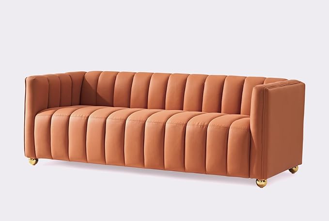 Direct Glam Fabric Upholstered Solid Wood Frame 82.7 Art Deco Sofa for Living Room Office Sophisticated 3 Seater Couch Orange