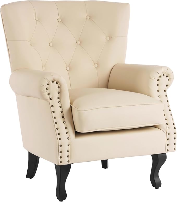 MOJAY PU Leather Accent Chair Mid-Century Modern Armchair Living Room Club Chair with Tufted Button &amp Rivet Trim Upholstered Sofa Chair with Sturdy Wood Legs for Bedroom (Ivory White)