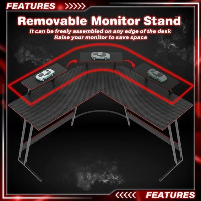 Shahoo L Shaped Gaming Desk 47 Inch Computer Corner Table with Large Monitor Stand &amp Carbon Fiber Surface for Home Office Study Writing Workstation 47 in Black