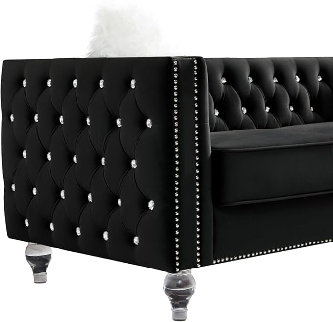 i-POOK 60 2-Seater Chesterfield Sofa Tufted Velvet Loveseat Sofa Couch with 2 Plush Pillows Crystal Legs and Nailhead Trim Arms Diamond Comfy Sofa for Living Room Office Guests Room Black