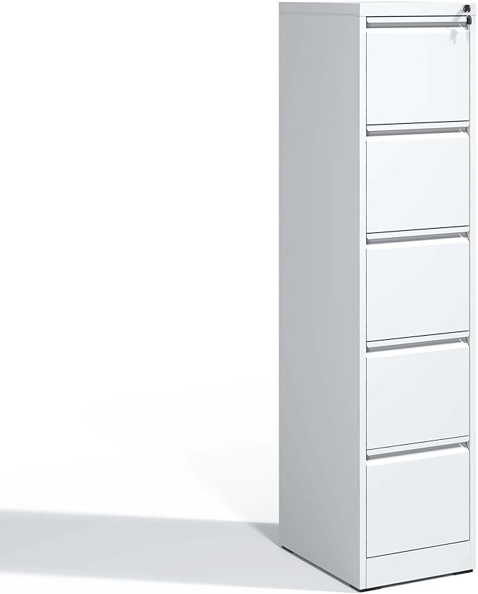 5 Drawer Small Metal Vertical File Cabinet with Lock Under Desk Storage OrganizerFiling Cabinets for HomeOffice Locking Drawers for A4 Legal/Letter SizeWhite